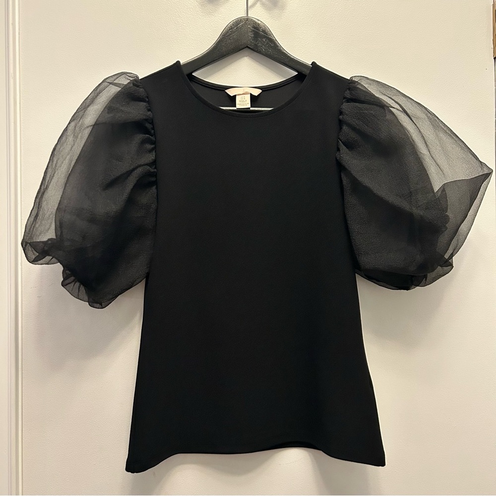 H&M Black Sheer Puff Sleeve Blouse minimalist chic staple piece size M - Picture 6 of 6